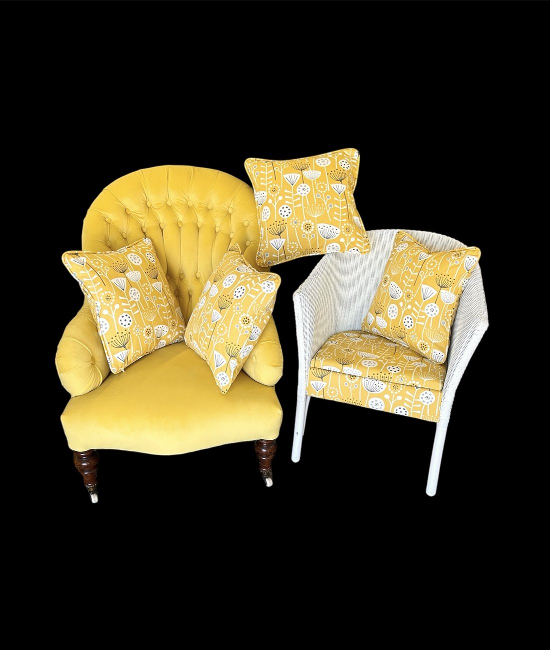 The same chairs after restoration, an ochre velvet button-back and a botanical print wicker chair