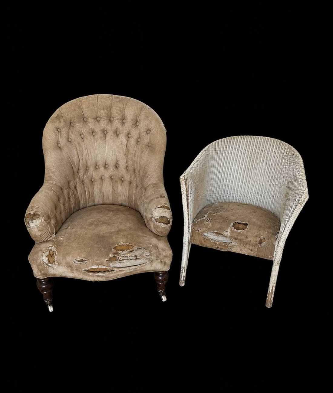 The tub chair and Lloyd Loom chair before restoration, worn, faded and torn